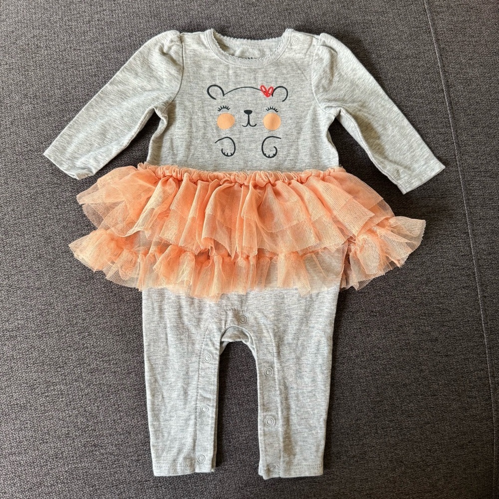 Cat & Jack Baby Girl 0-3M Romper Bear Graphic Tutu Skirt Gray Peach Long Sleeve